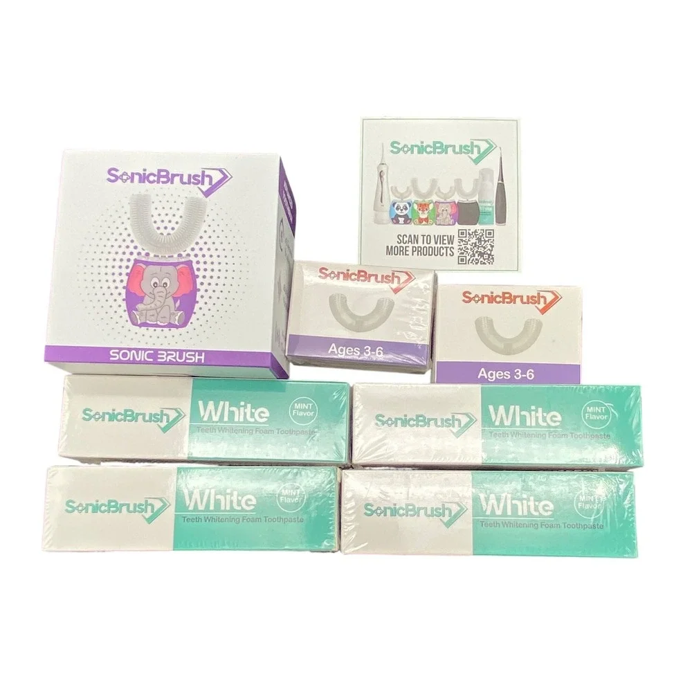 SonicBrush Kids U-Shaped Electric Toothbrush Set Purple Elephant Mint Foam 7pc‎